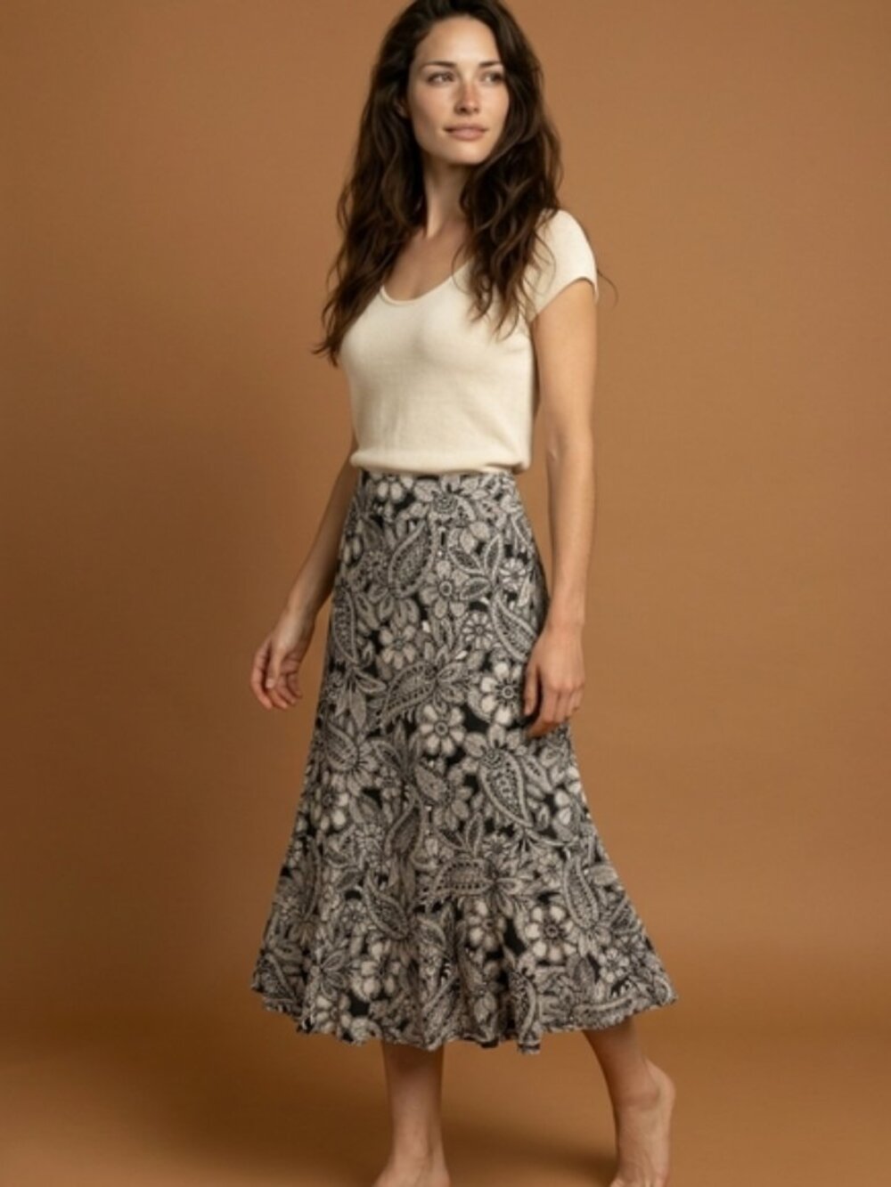 Talbots SZ XS/M Blue & White Paisley Slip On Stretch Midi Mermaid Skirt